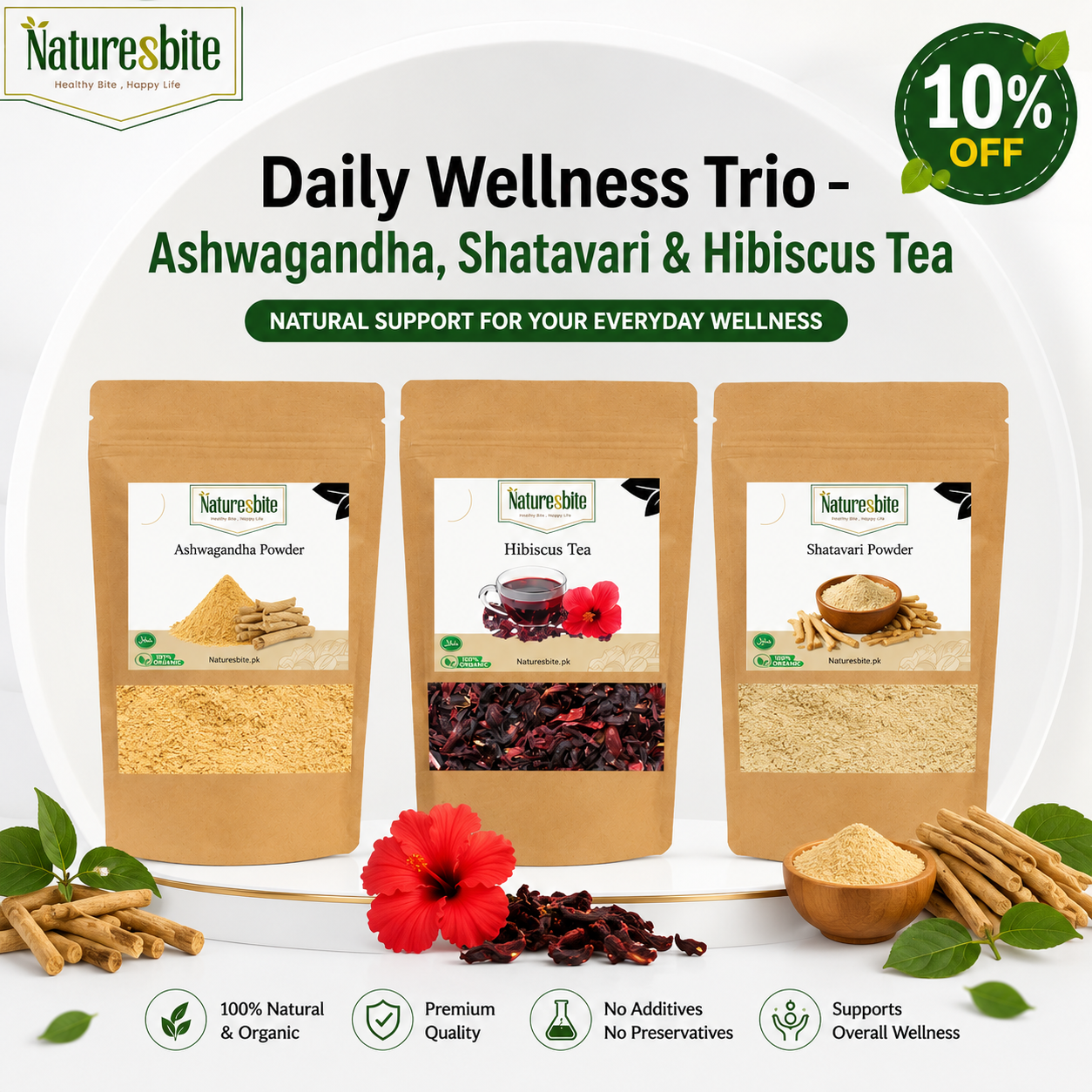 Daily Wellness Trio – Ashwagandha, Shatavari & Hibiscus Tea