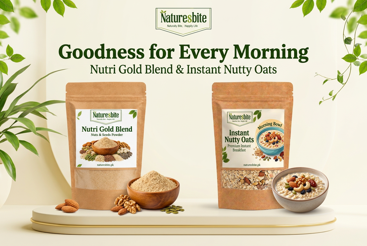 Naturesbite banner featuring Nutri Gold Blend and Instant Nutty Oats